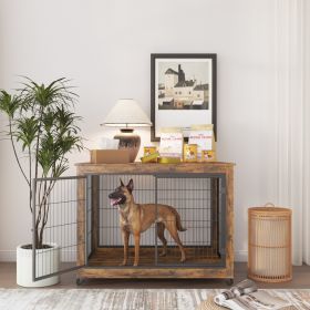 Furniture Style Dog Crate Side Table on Wheels with Double Doors and Lift Top.(Rustic Brown,43.7''w x 30''d x 31.1''h)